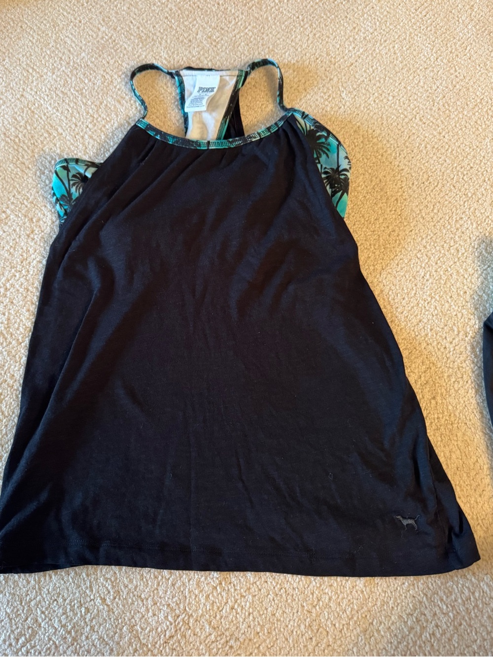 PINK Victoria's Secret Black Tank with Teal Palm-Print Trim attached bra.